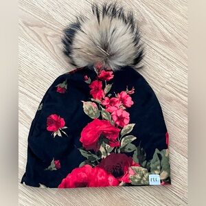Ladies Floral Beanie with Faux Fur Pompom